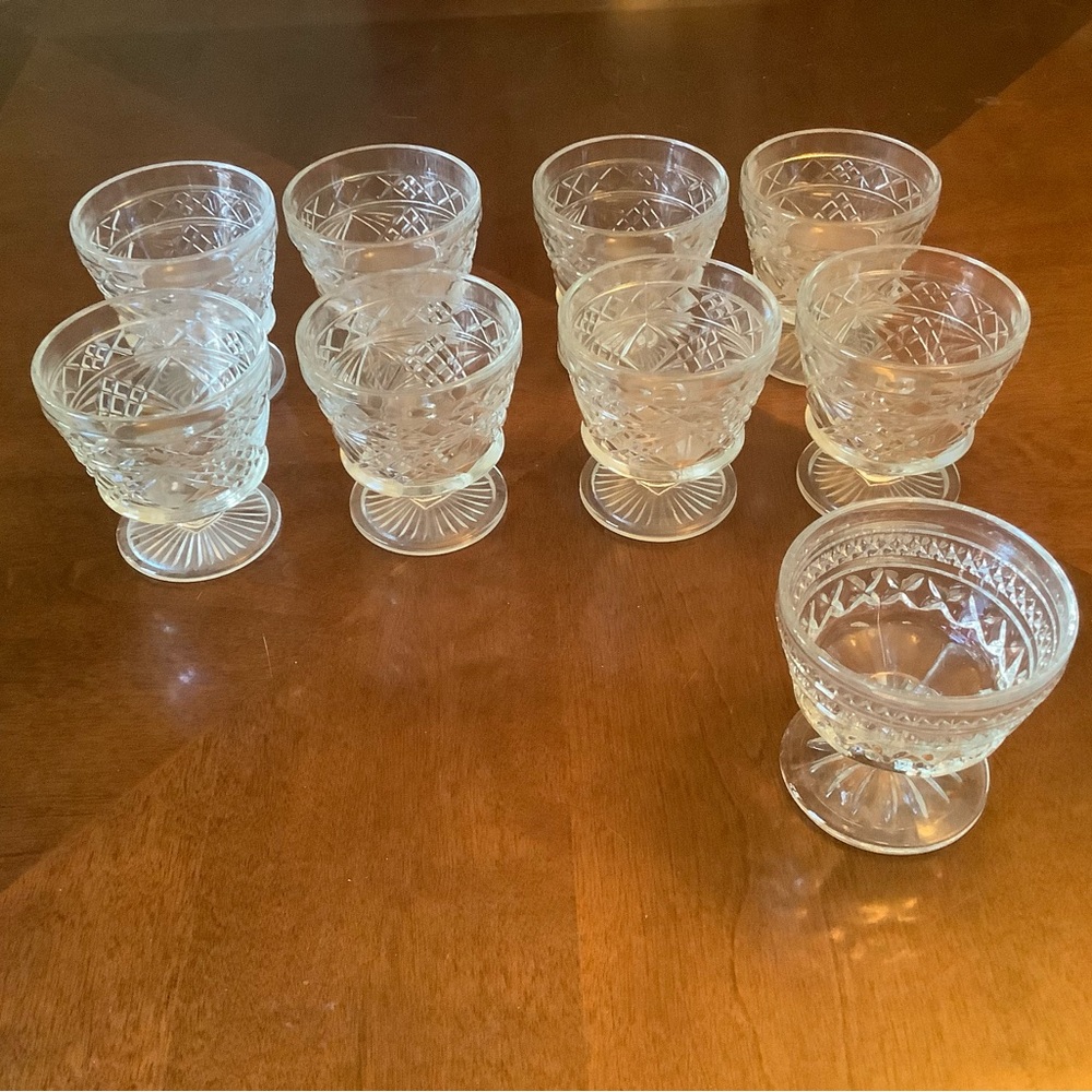 Vintage Pressed Glass Sherbet Cups Set of 8 Clear Diamond Pattern Art Deco (+1)